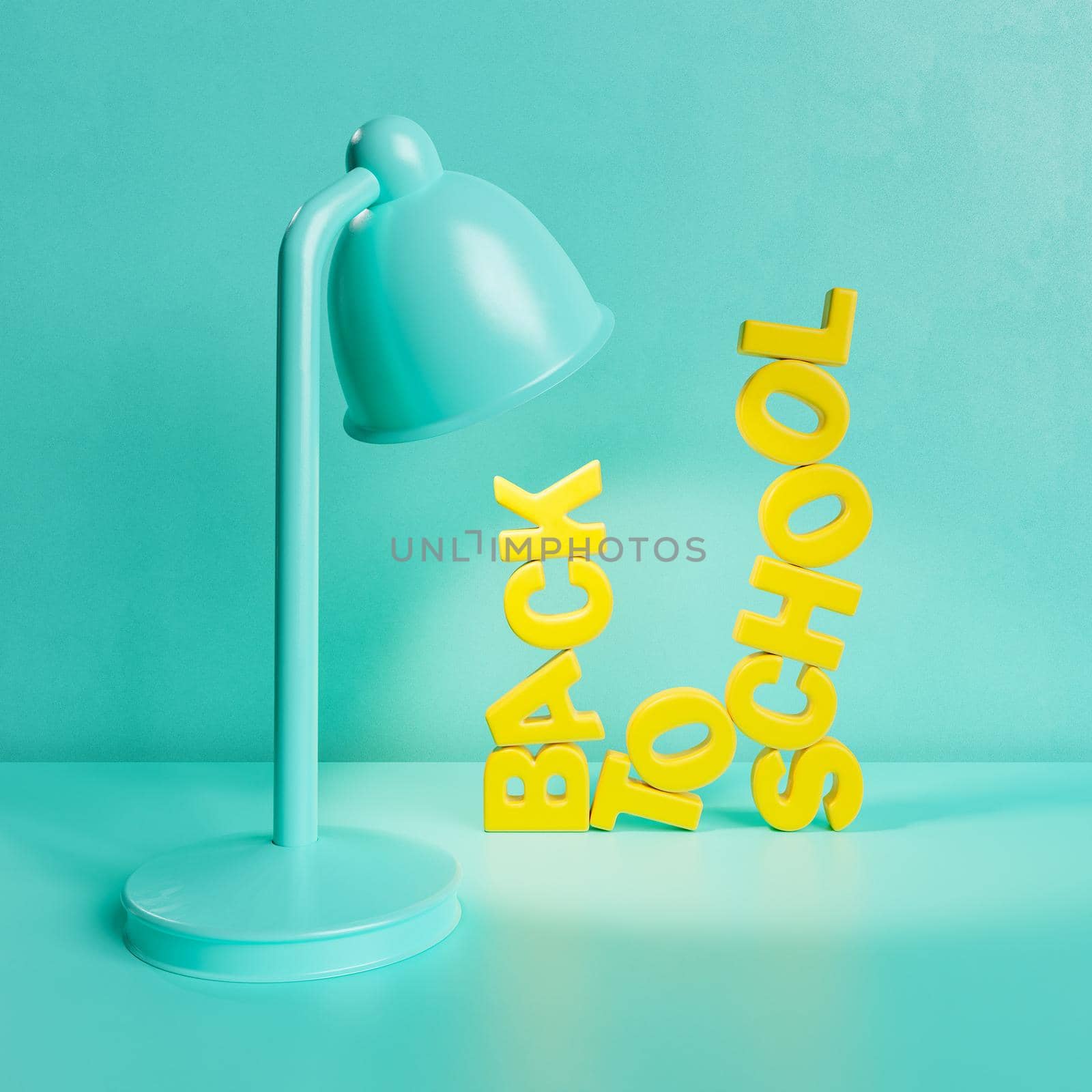 3D rendering of yellow crooked Back To School inscription and glowing table lamp against bright blue background