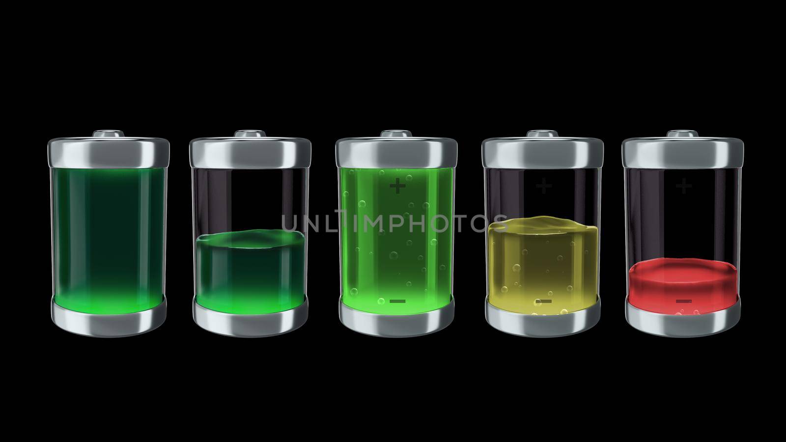 3d render Ecological battery charge with green liquid charging level indicators a black background in 4k