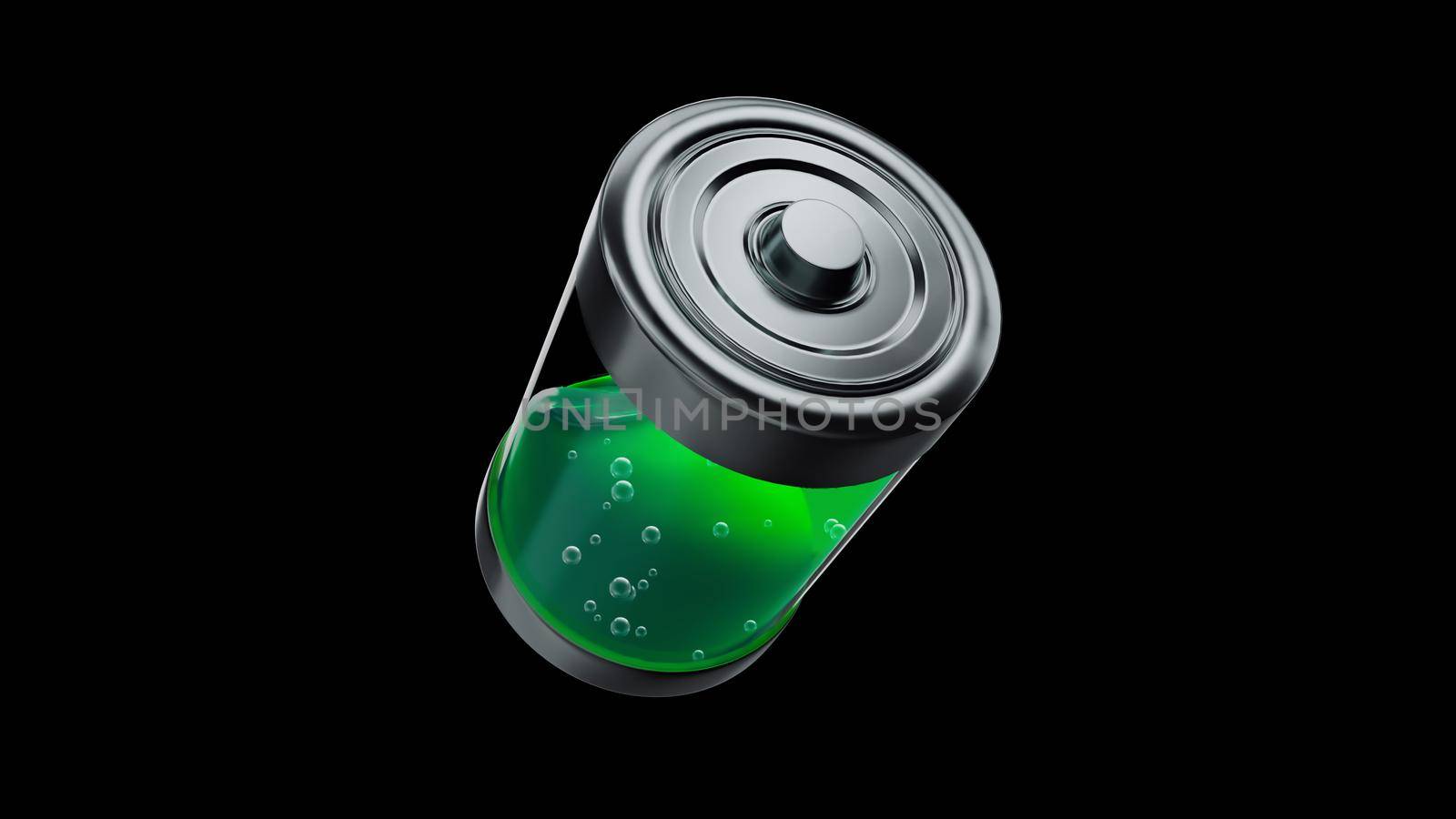 3d render Ecological battery charge with green liquid charging level indicators on a black background by studiodav