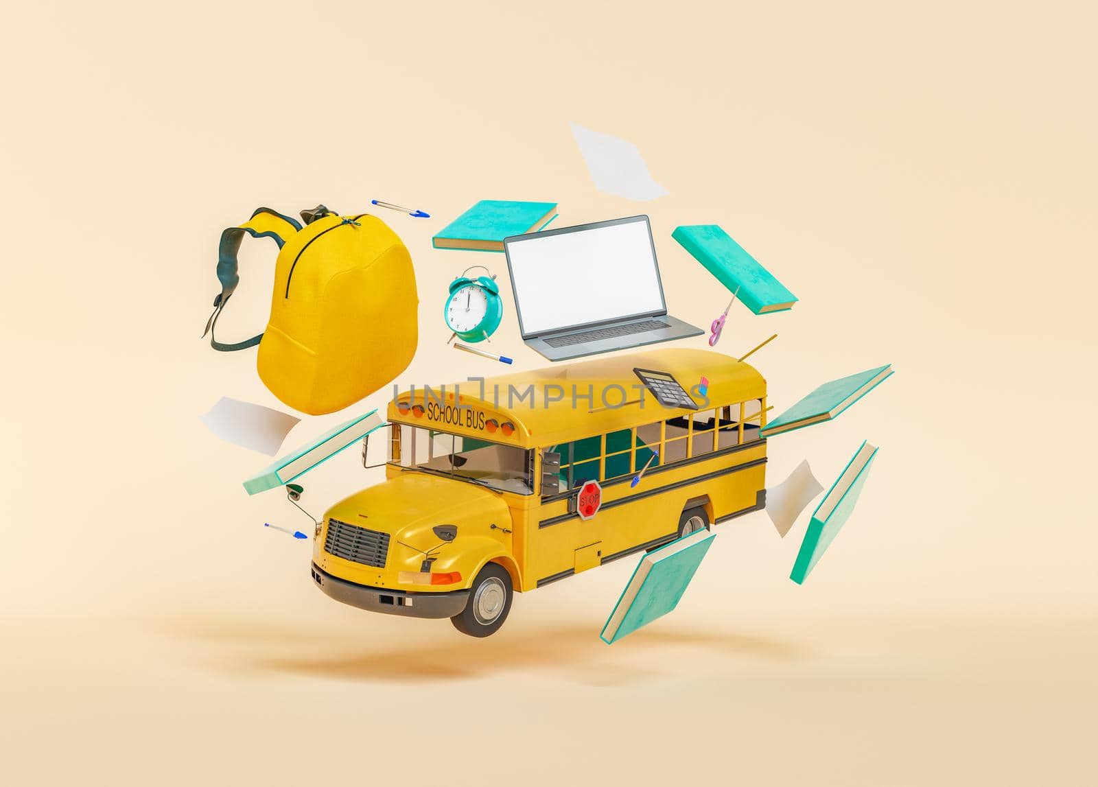 3D rendering of bus and school supplies by asolano
