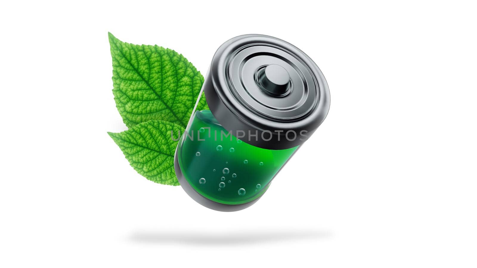 3d render Ecological battery is filled with green liquid with green leaves on a white background by studiodav