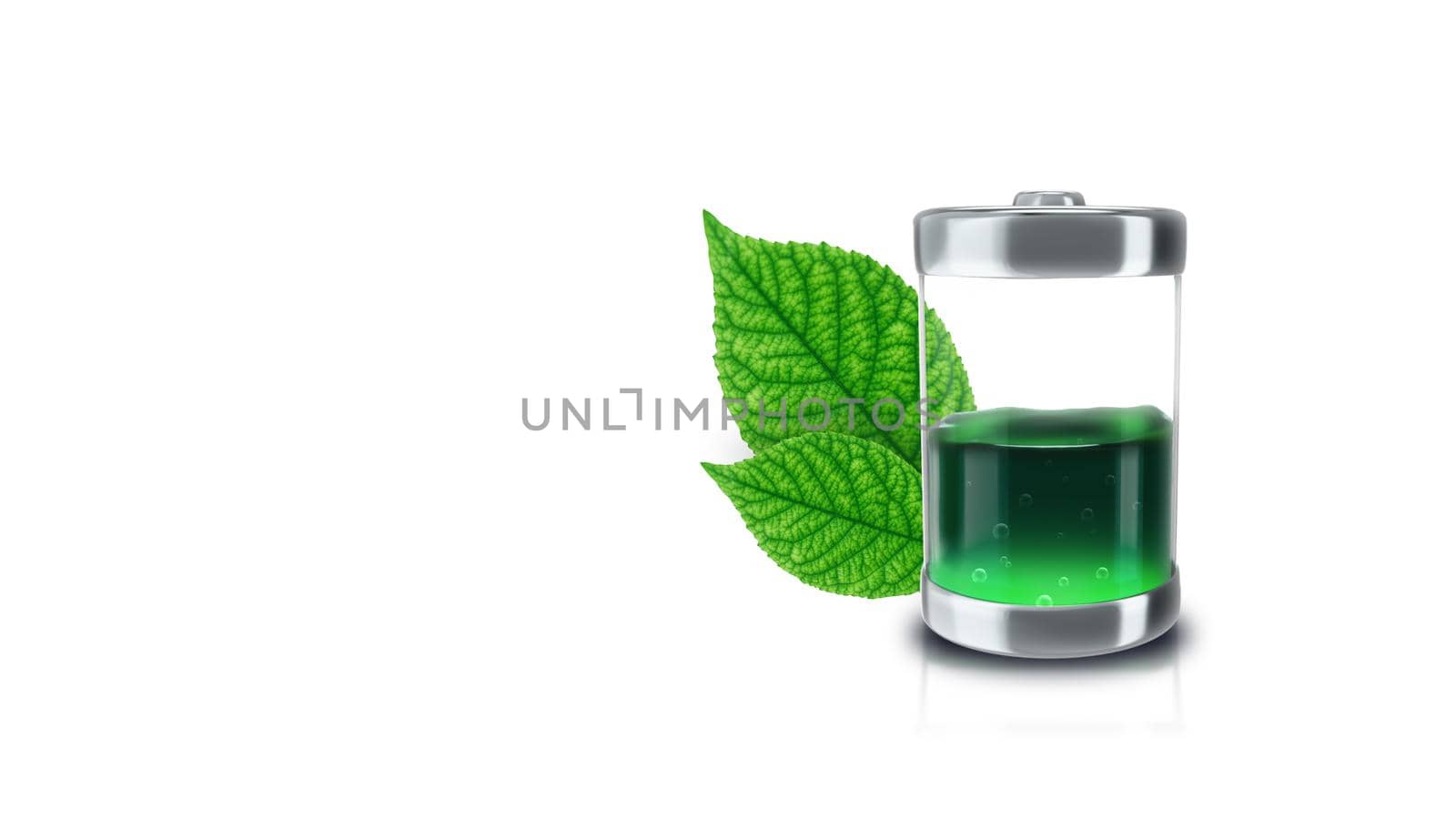 3d render Ecological battery is filled with green liquid with green leaves on a white background by studiodav