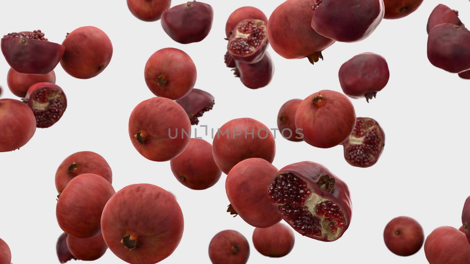 3d rendering Falling pomegranate on a white background 4K