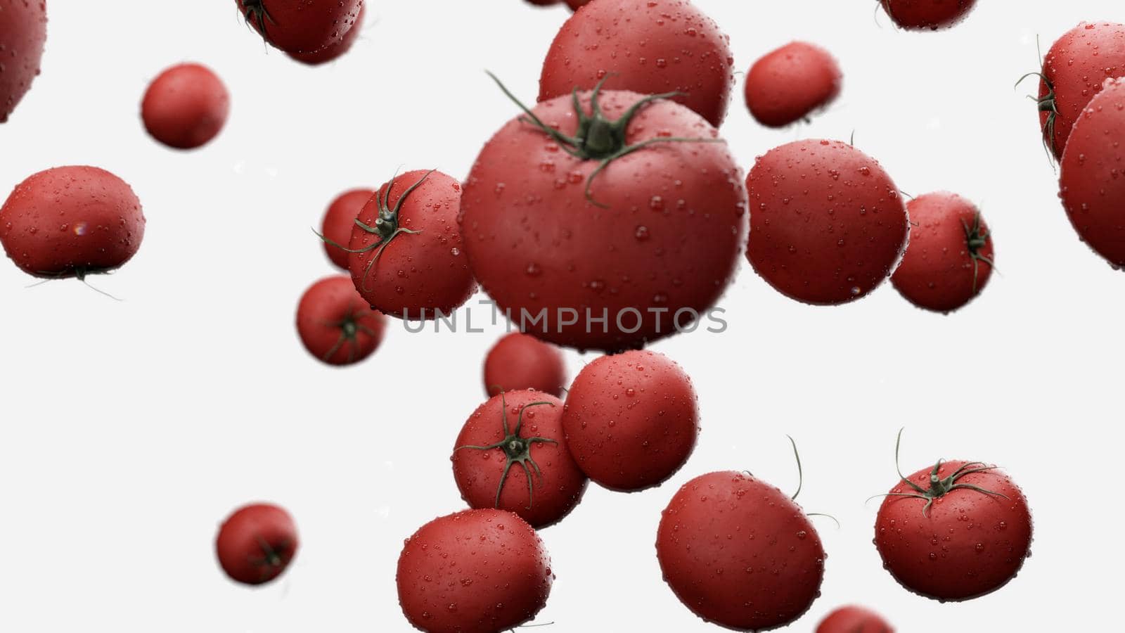 3d rendering Falling tomatoes with water drops on a white background 4K