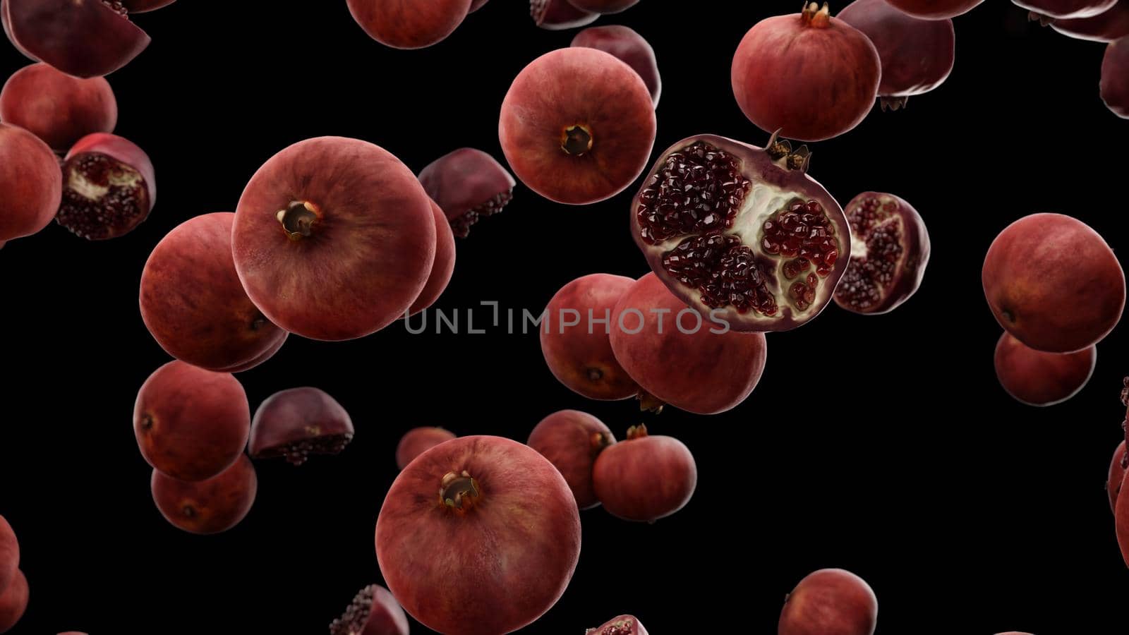 3d rendering Falling pomegranate on a black background 4K