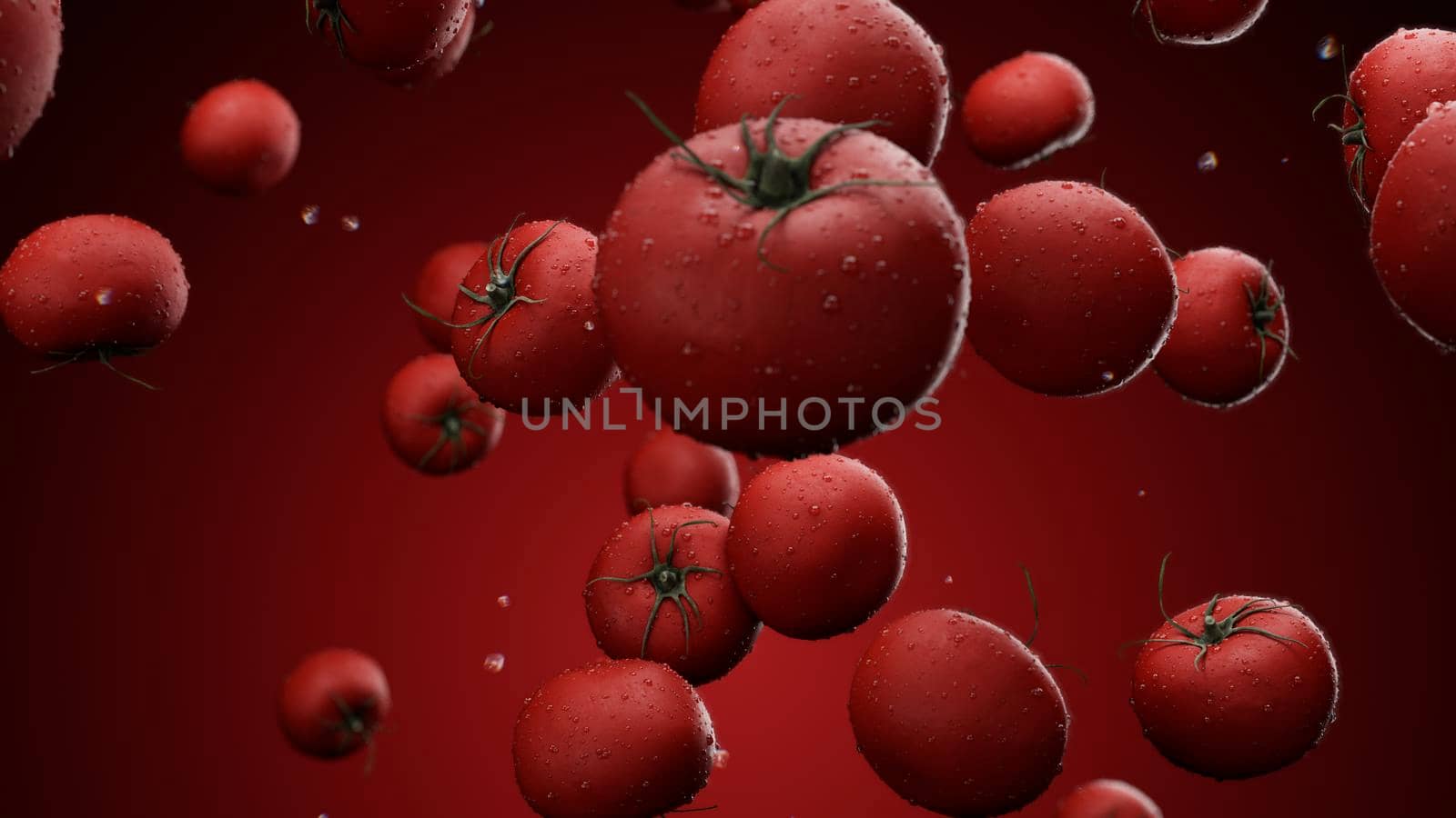 3d rendering Falling tomatoes with water drops on a red background by studiodav