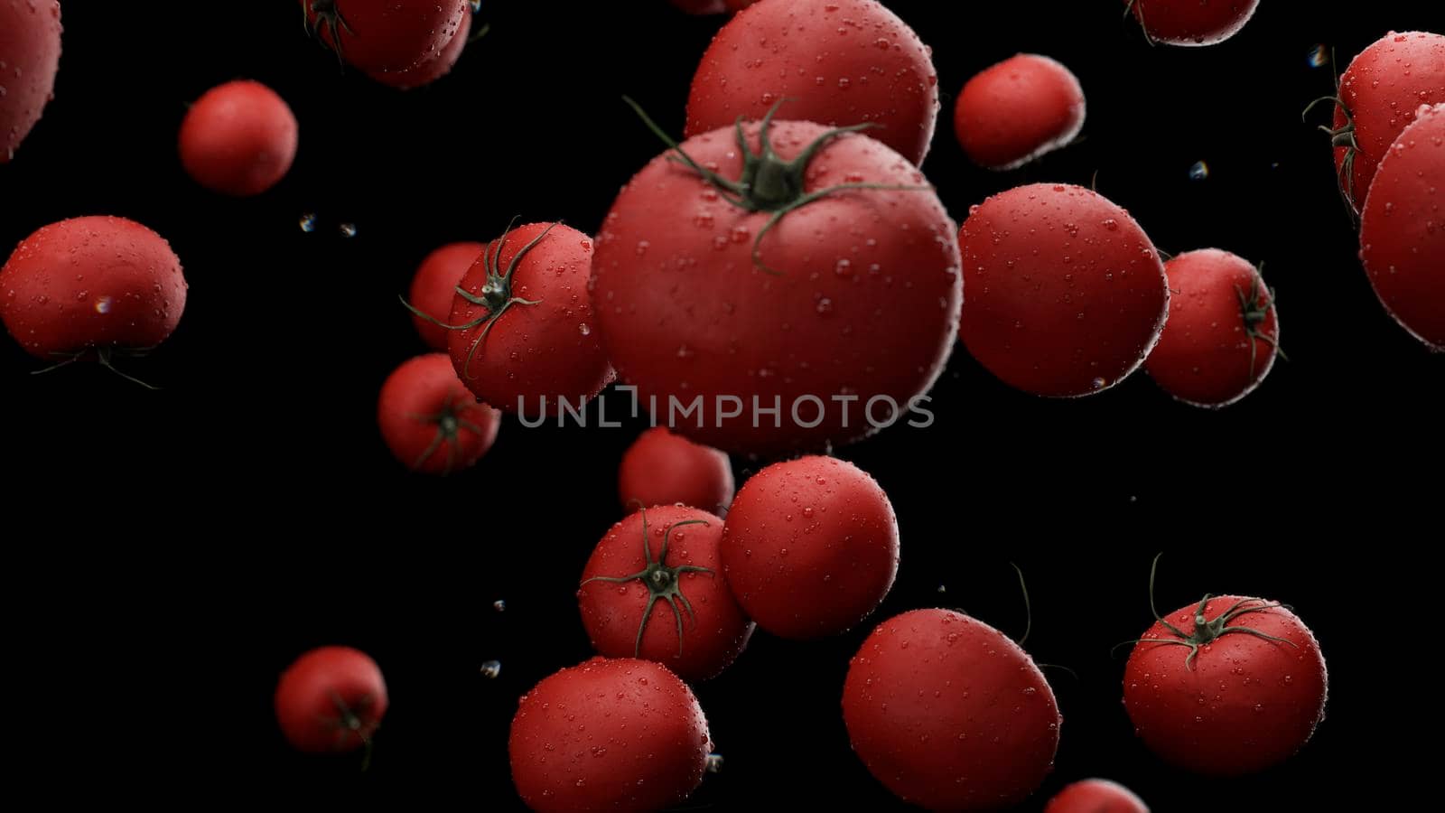 3d rendering Falling tomatoes with water drops 4K