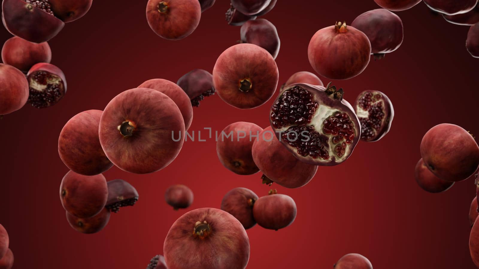 3d rendering Falling pomegranate on a red background 4K