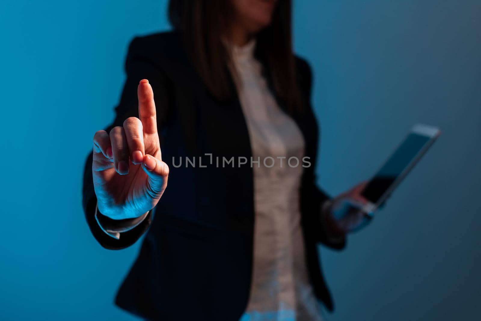 Businesswoman Holding Phone And Pointing With One Finger On Important News.