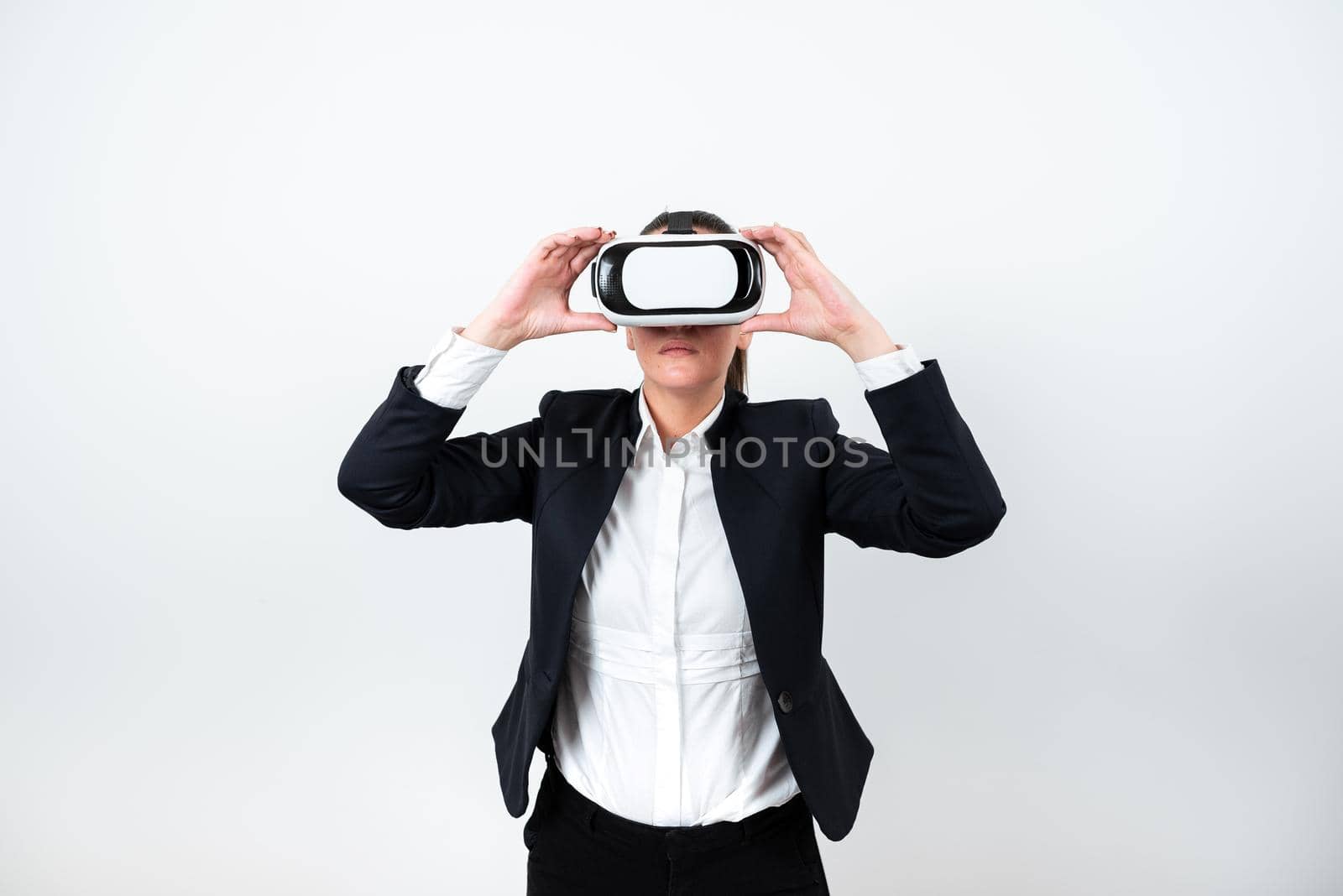 Standing Woman Wearing Vr Glasses Presenting Important Messages.