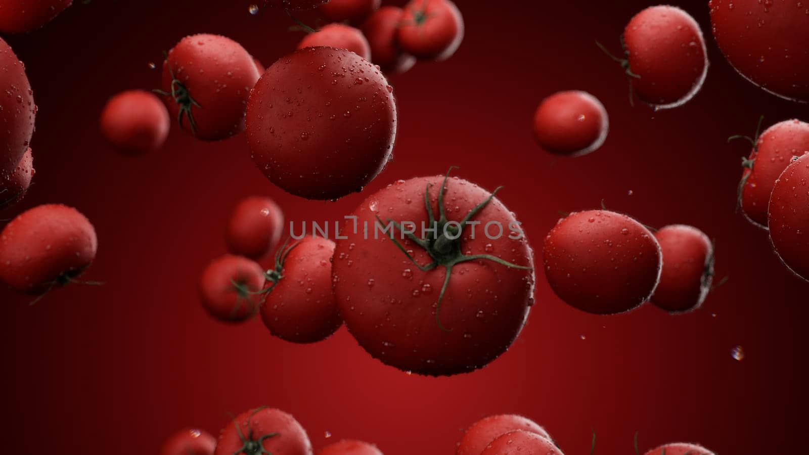 3d rendering Falling tomatoes with water drops on a red background by studiodav