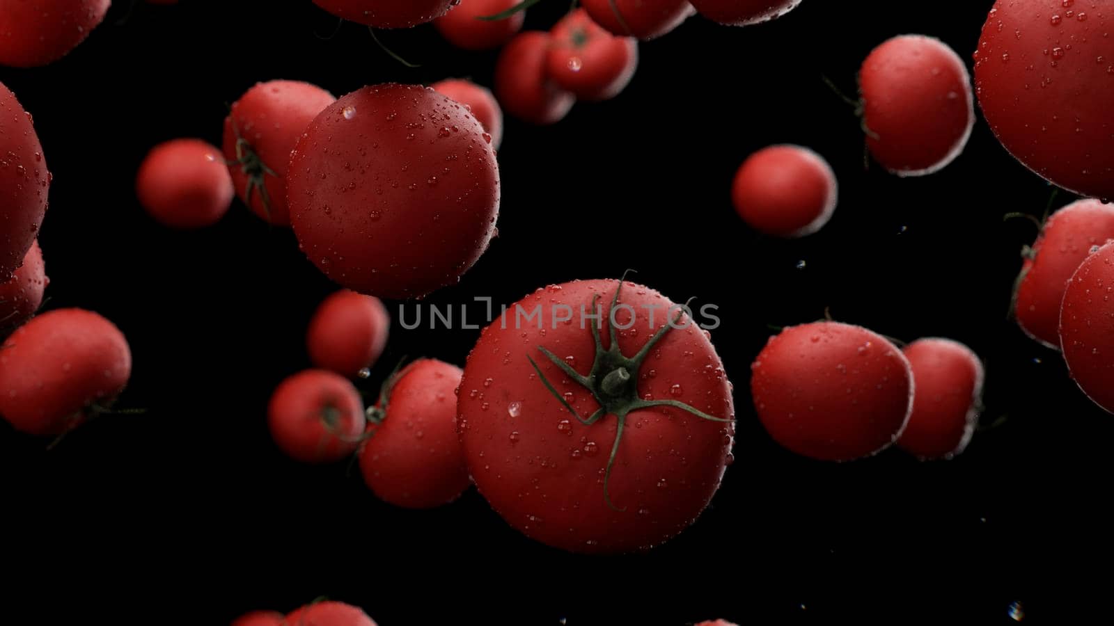 3d rendering Falling tomatoes with water drops 4K