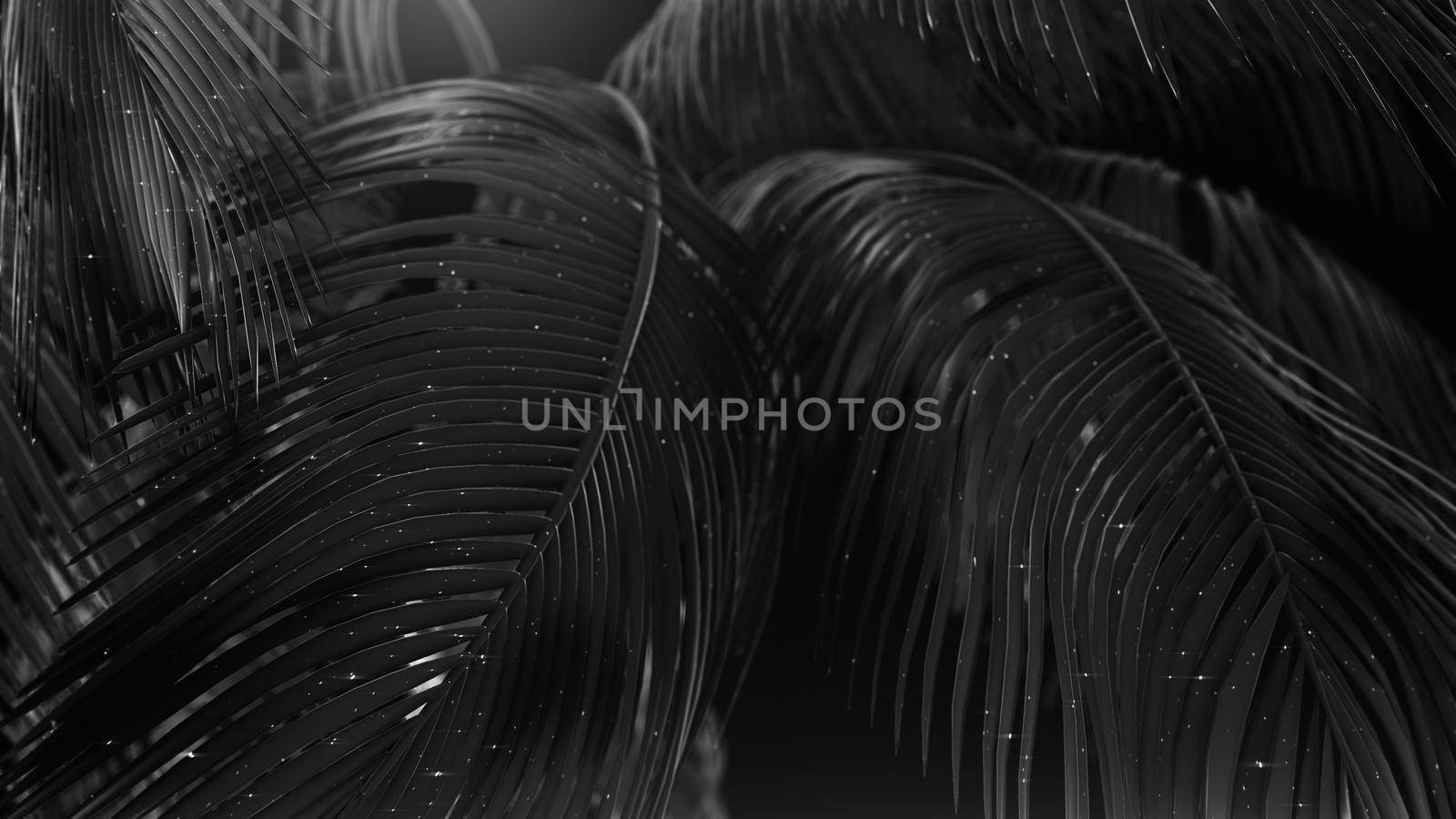 3D rendering Black abstract palms with glitter 4k