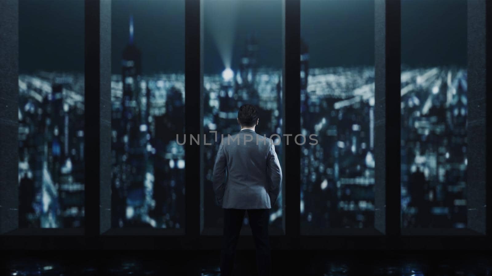 3D rendering businessman lonely looking at the night city by studiodav