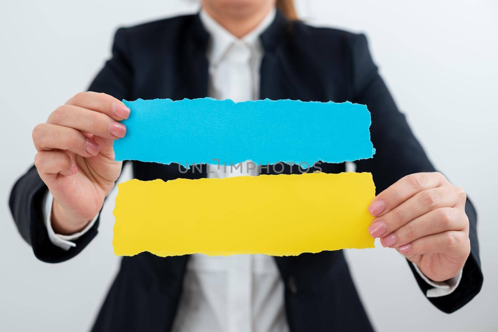 Businesswoman Holding Two Notes With Important Messages With Both Hands.