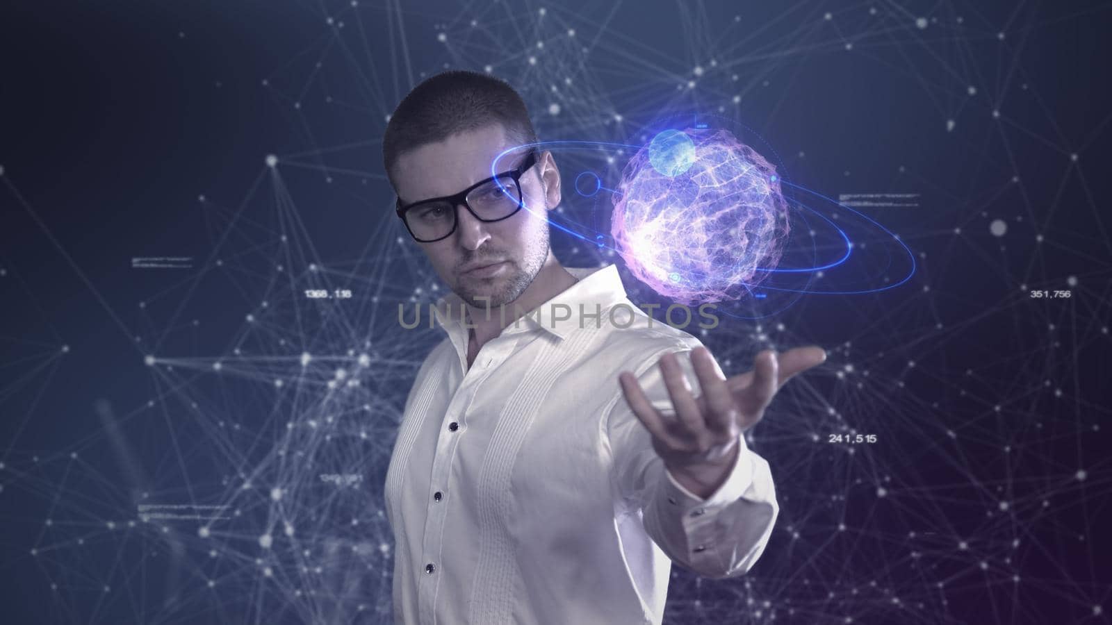 A male scientist in a white shirt holds an abstract ball in his hands against a background of plexus 4k