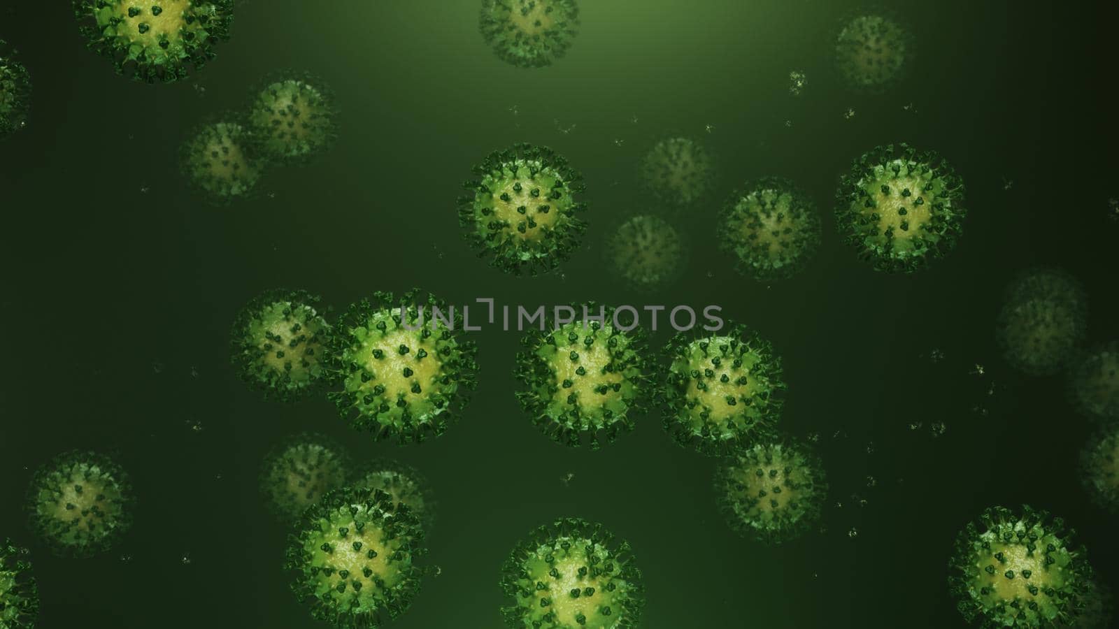 3d rendering flying green coronavirus with particles in 4k