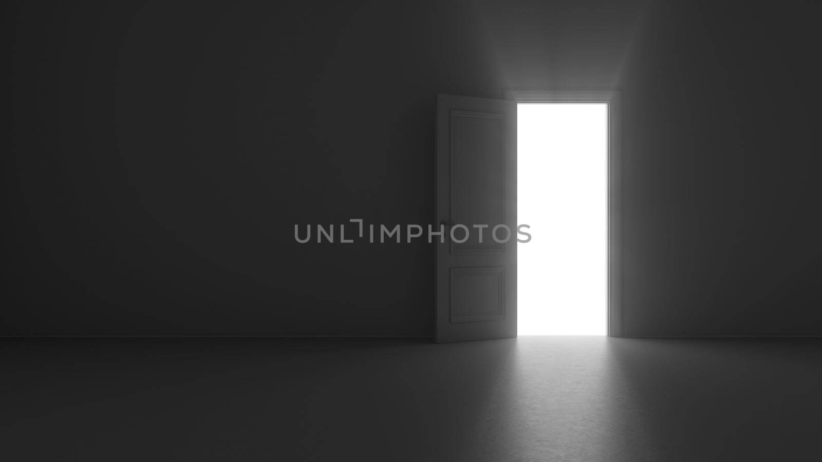 3d render open door shine in dark room 4k