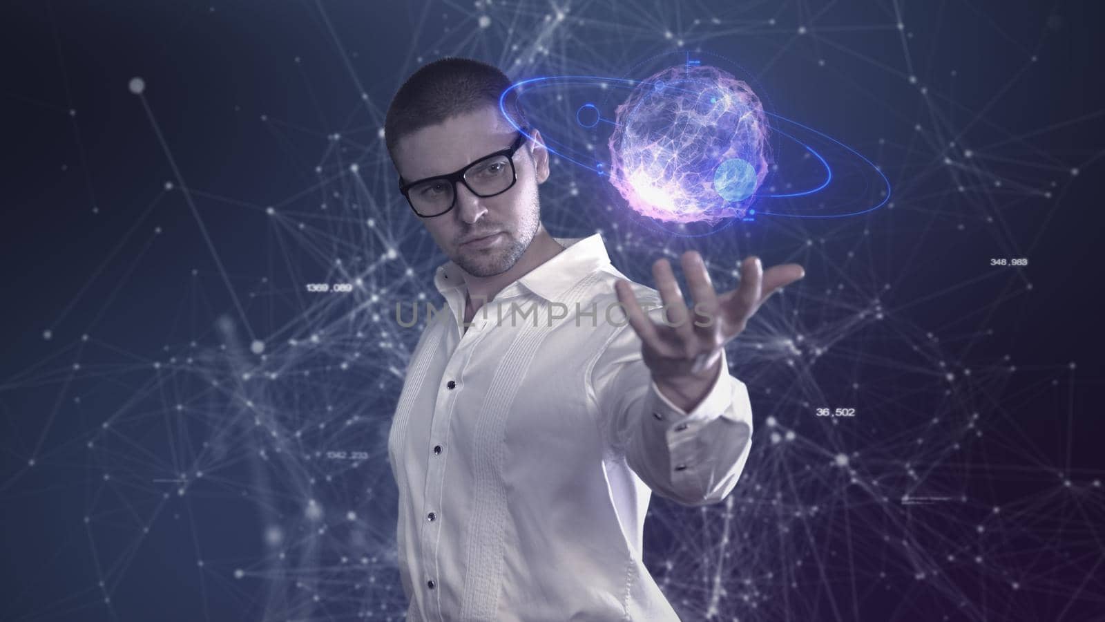 A male scientist in a white shirt holds an abstract ball in his hands against a background of plexus 4k