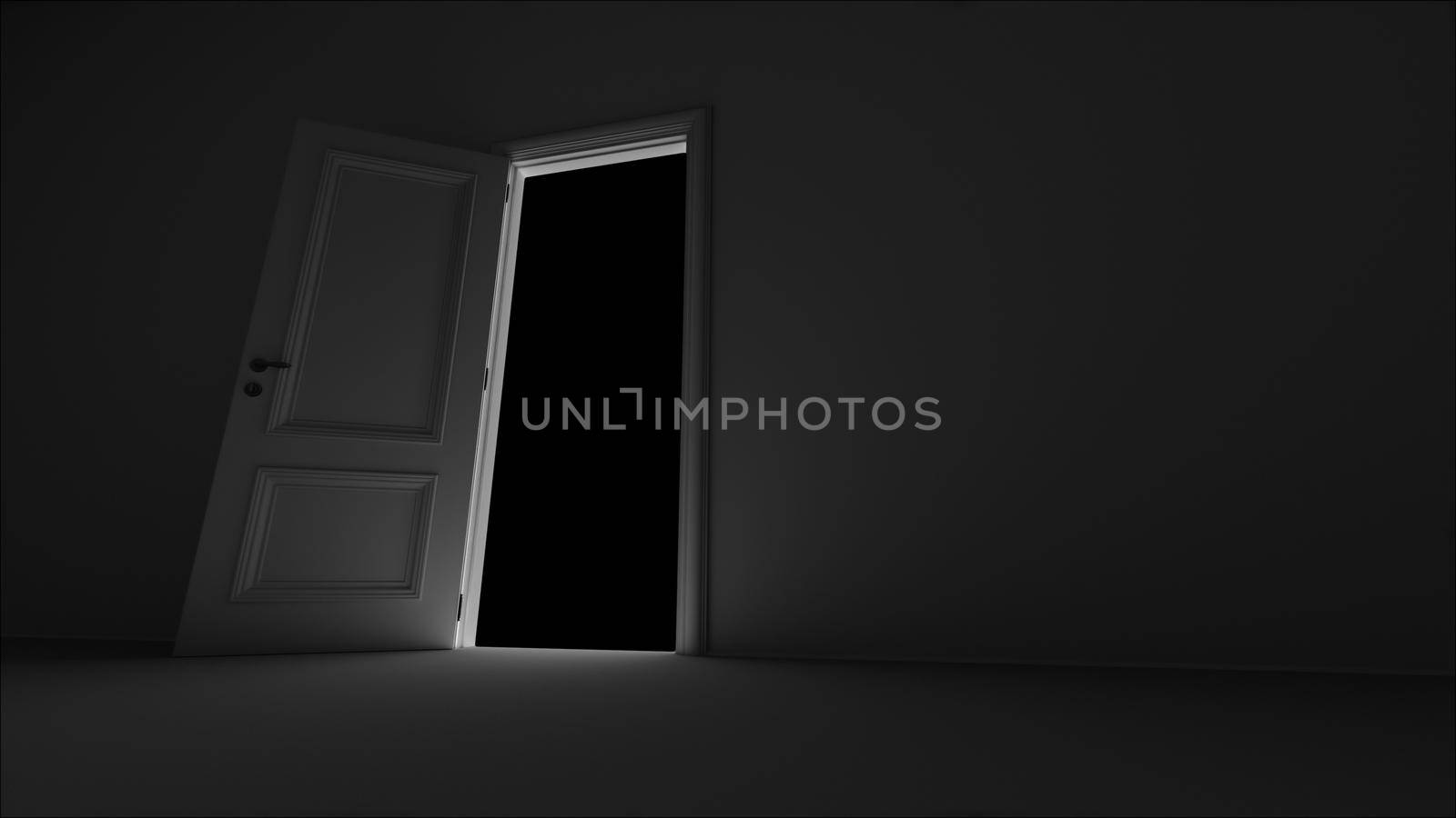 3d render open door in dark room on a black background 4k