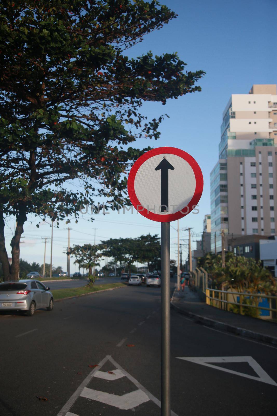 salvador, bahia, brazil - july 19, 2022: traffic signs indicating one-way traffic on a street in the city of Salvador