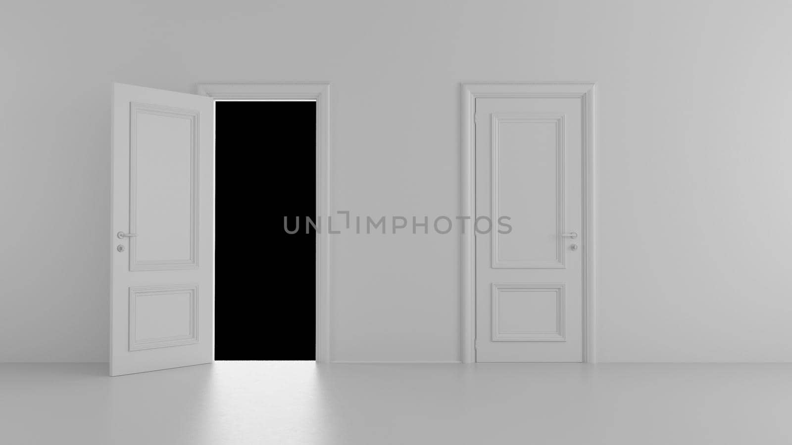 3d render open door in a bright room on a black background 4k