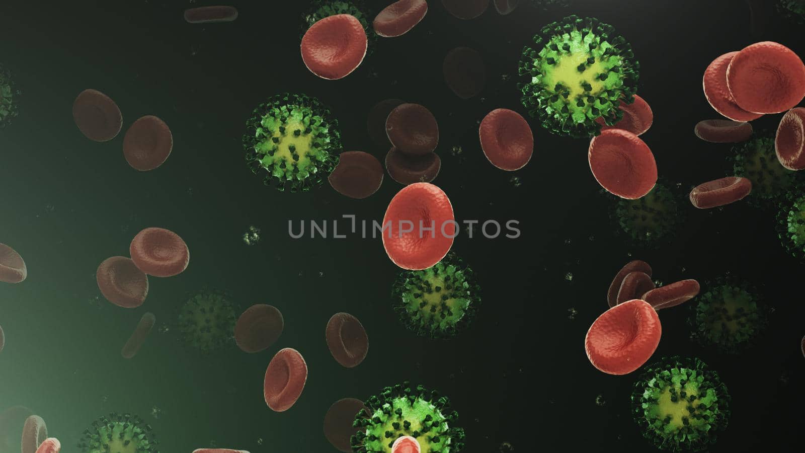 3d rendering flying blood cells with coronavirus by studiodav