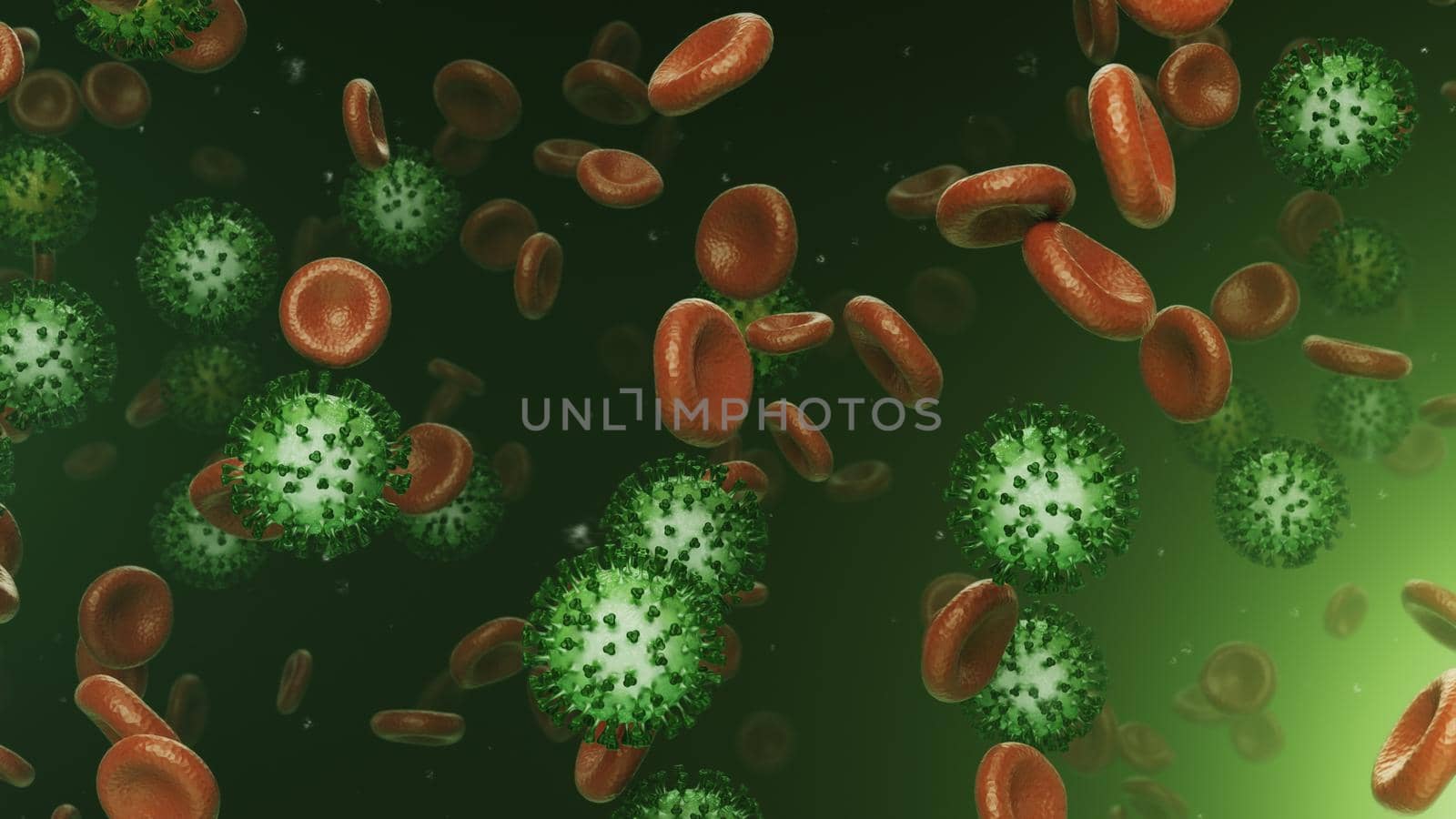 3d rendering flying blood cells with coronavirus in 4k