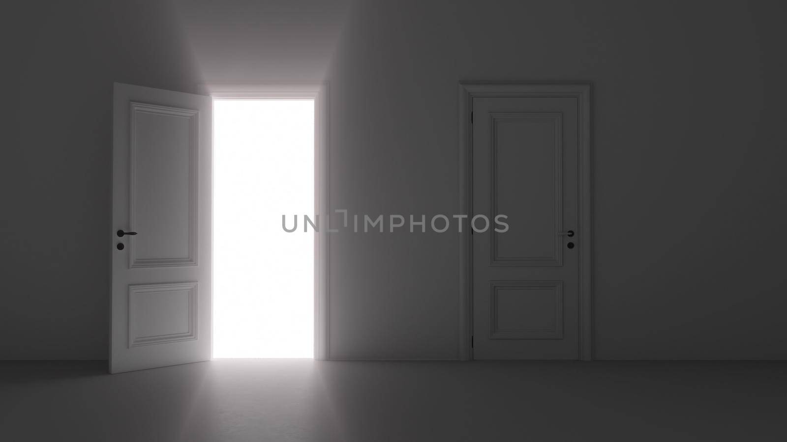 3d render open door shine in dark room 4k