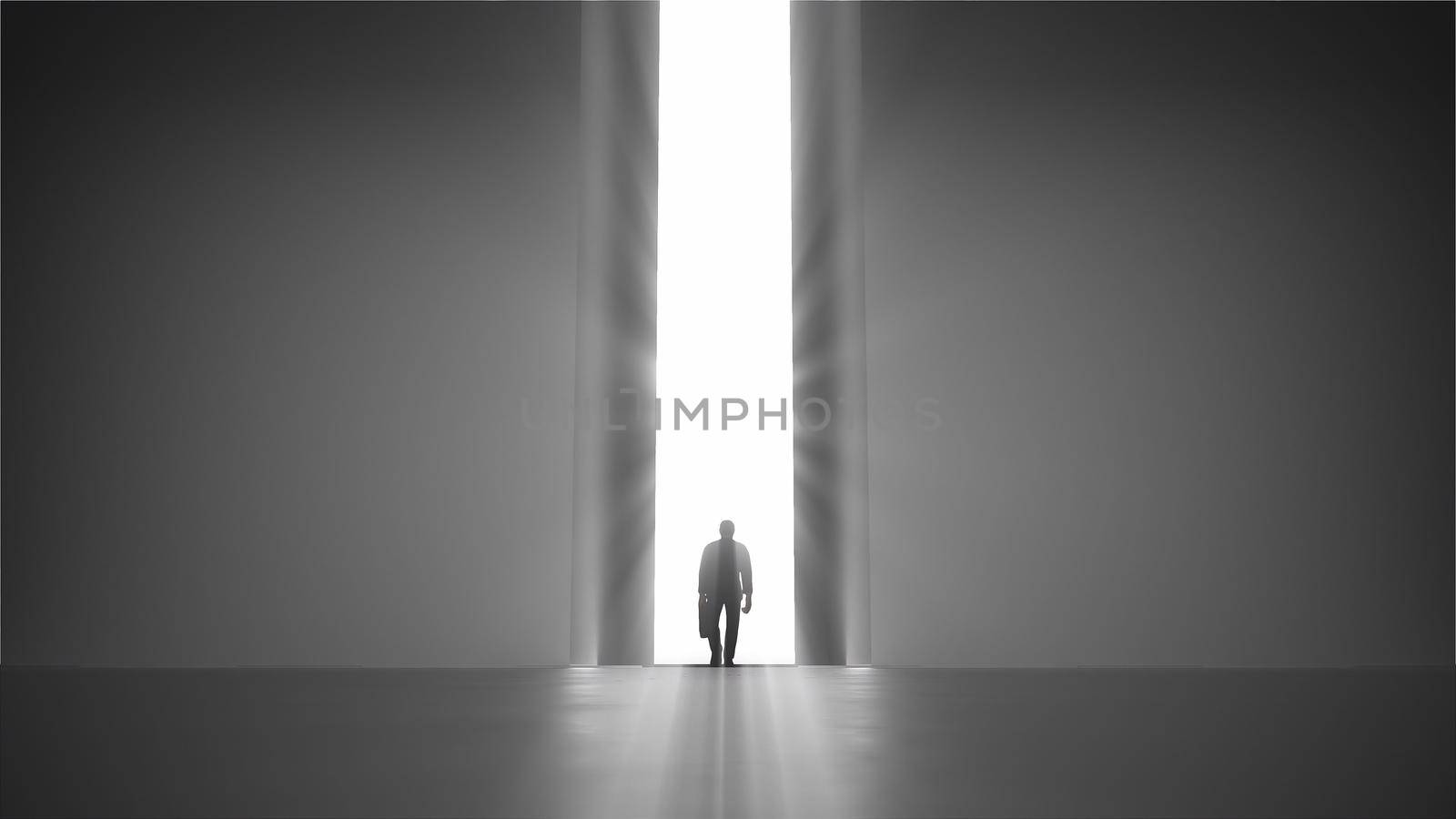 3d render walking man with a case to the opening gate with clearance 4k