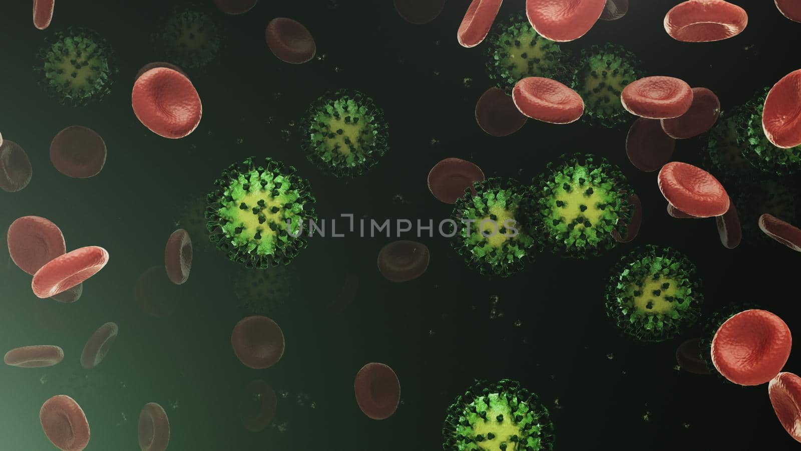 3d rendering flying blood cells with coronavirus by studiodav