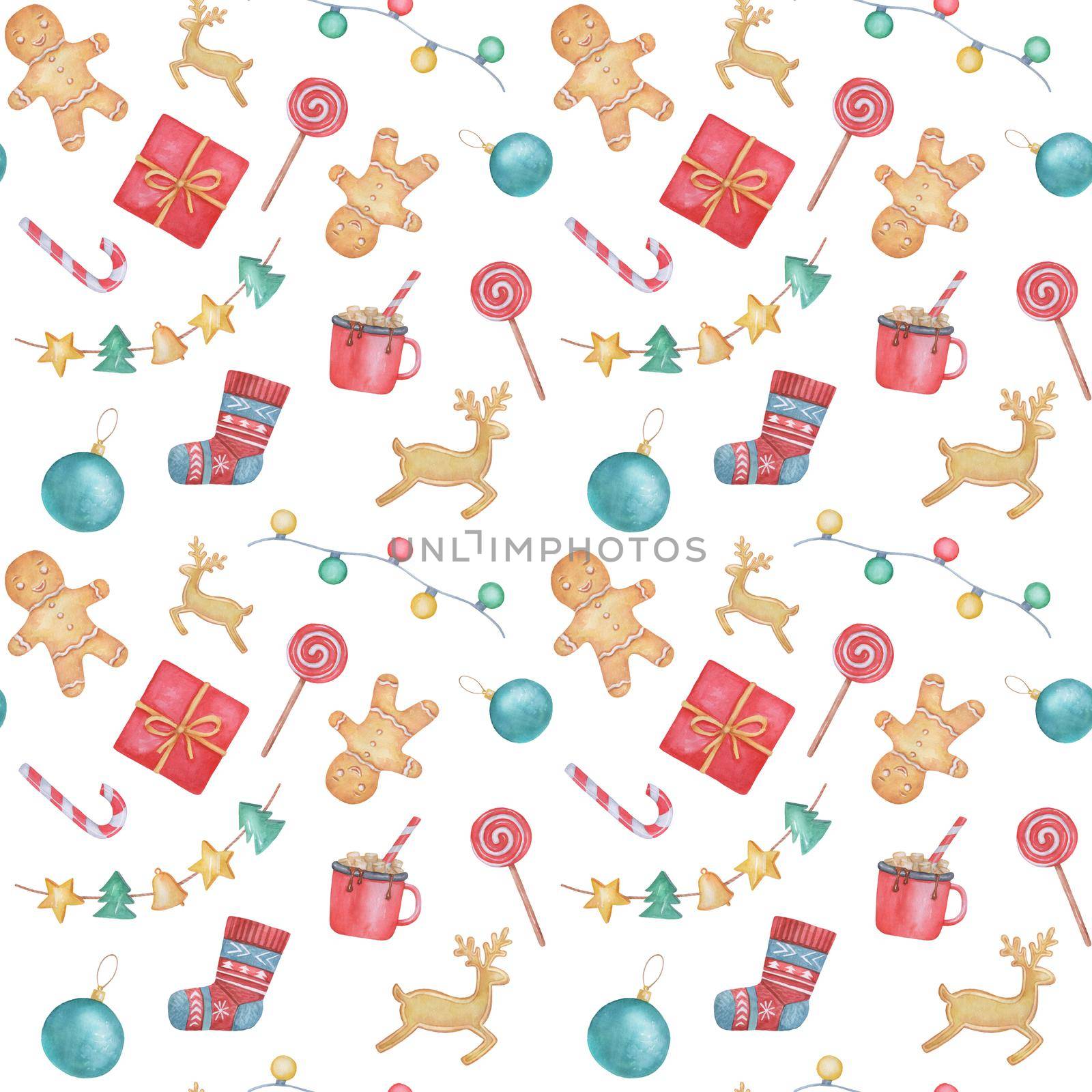 Watercolor Seamless pattern isolated on white background. Christmas cute elements on white. by ElenaPlatova