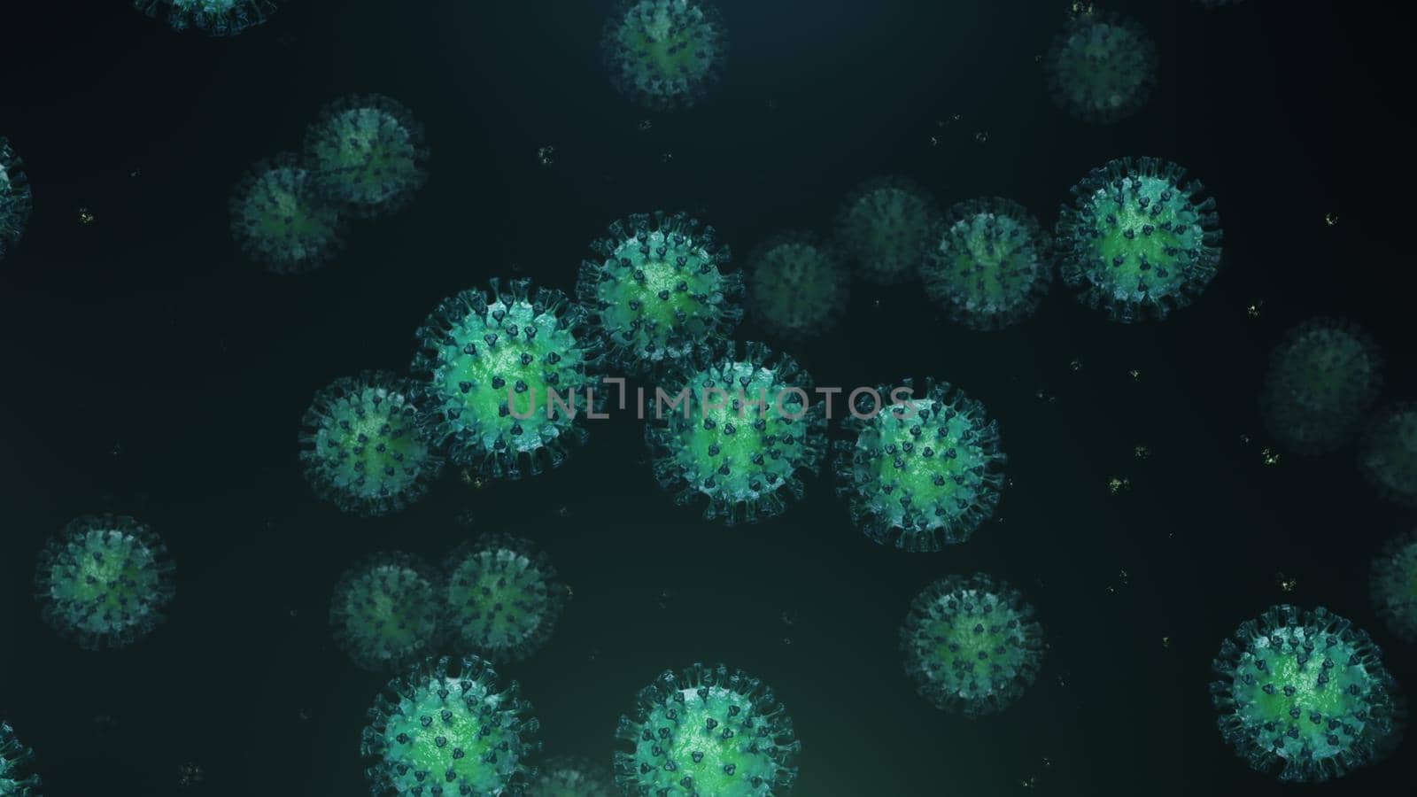 3d rendering flying blue coronavirus with particles in 4k