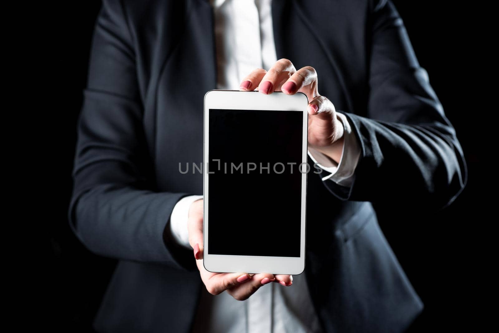Businesswoman Holding Cellphone And Presenting Important Informations.