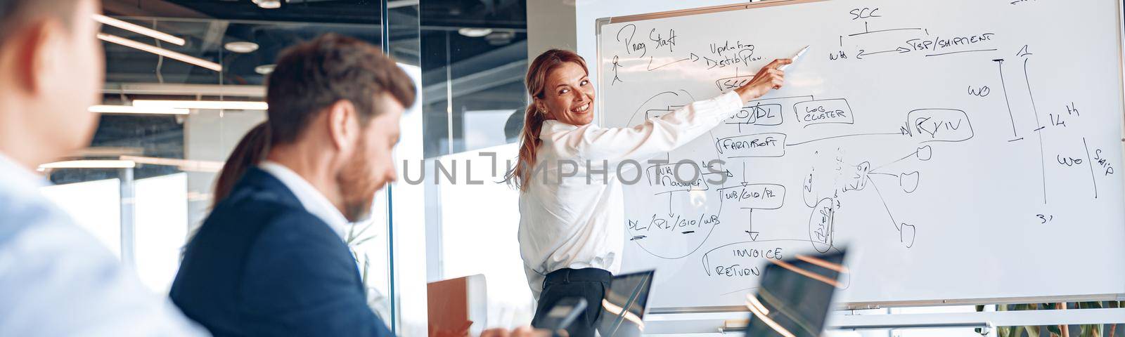 Smiling businesswoman explaining business plan to colleagues while making a presentation in office.