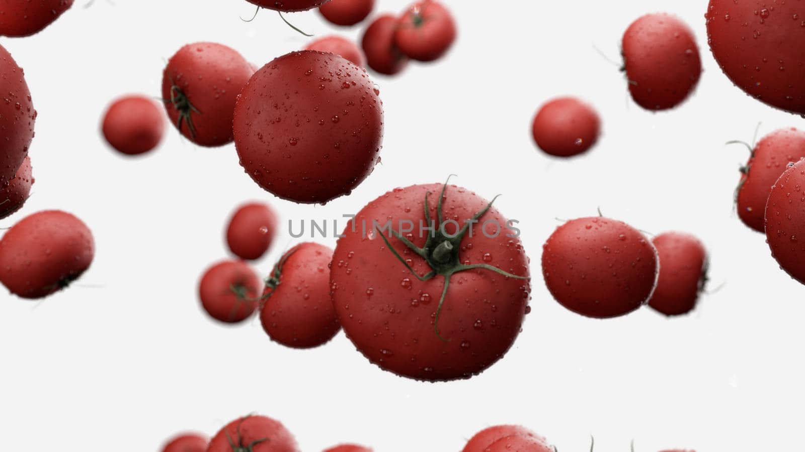 3d rendering Falling tomatoes with water drops on a white background 4K