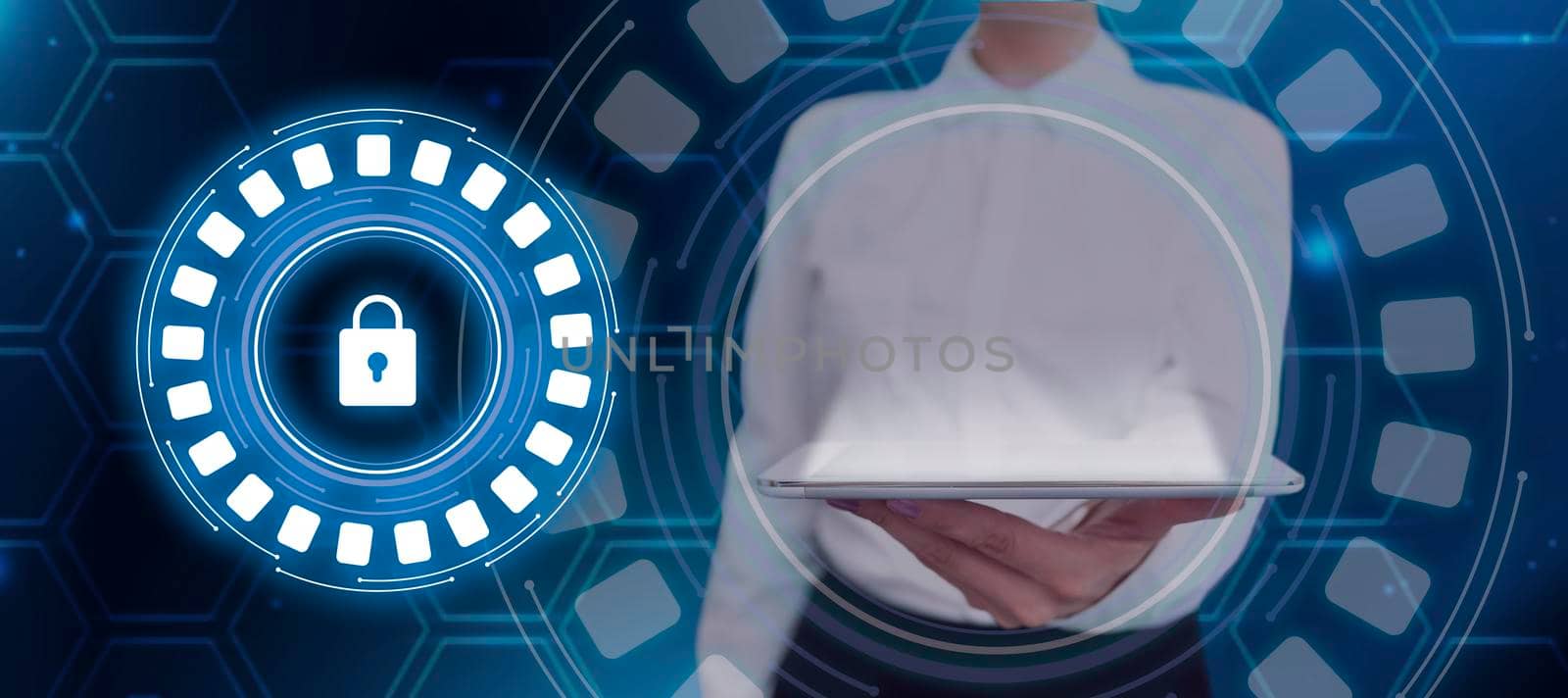 Businesswoman Holding A Tablet Displaying A Digital Lock In A Futuristic Round Design. Woman With A Touch Screen Showing Encrypted Messages In A Secured Connection. by nialowwa