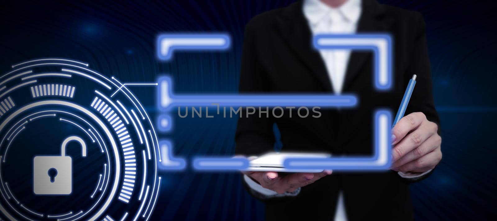 Lady in suit holding pen symbolizing successful teamwork accomplishments.