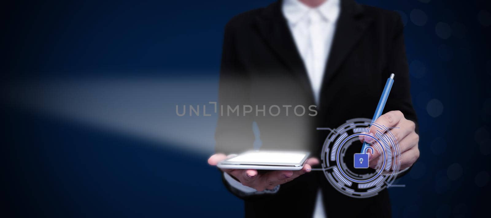 Lady in suit holding pen symbolizing successful teamwork accomplishments.