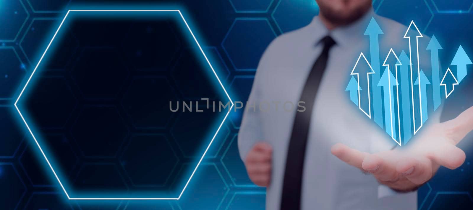 Businessman Reaching Out A Glowing Hand In A Futuristic Design With Arrows Going Up. Man In Necktie Showing Crucial Information And New Concepts In A Presentation. by nialowwa