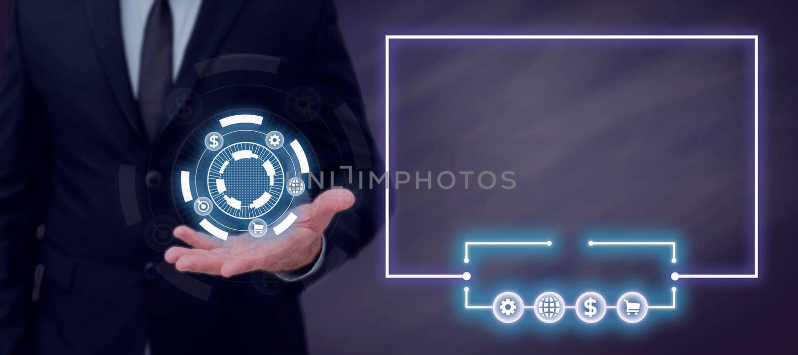 Businessman Holding Futuristic Design In One Hand And Presenting Late Data In Frame With S. Man In Suit Having Circle With Symbols Around Over Palm And Showing New Ideas. by nialowwa