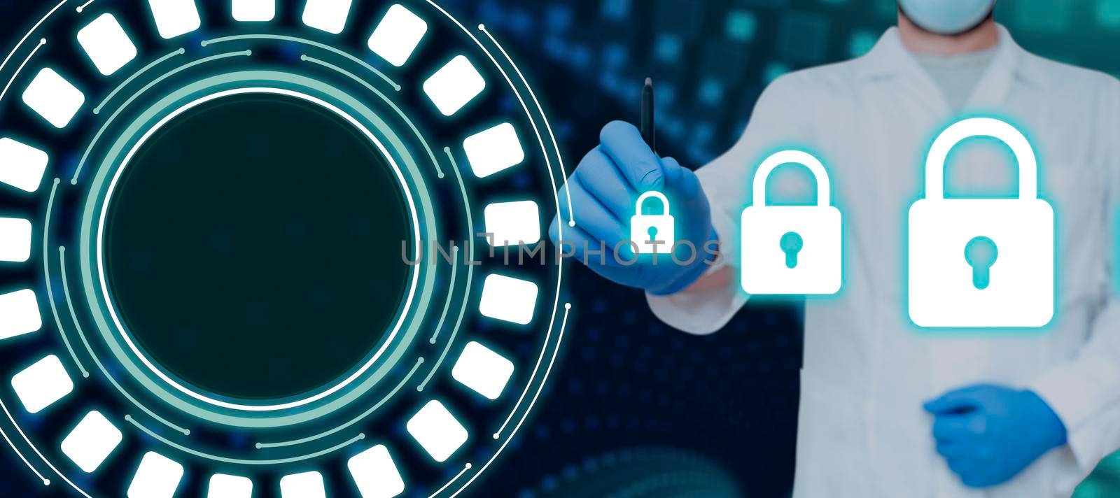 Doctor Holding Pen And Pointing On Digitally Generated Padlocks By Graphical Circle. Scientist Wearing Lab Coat And Glove Presenting Information On Cyber Security. by nialowwa