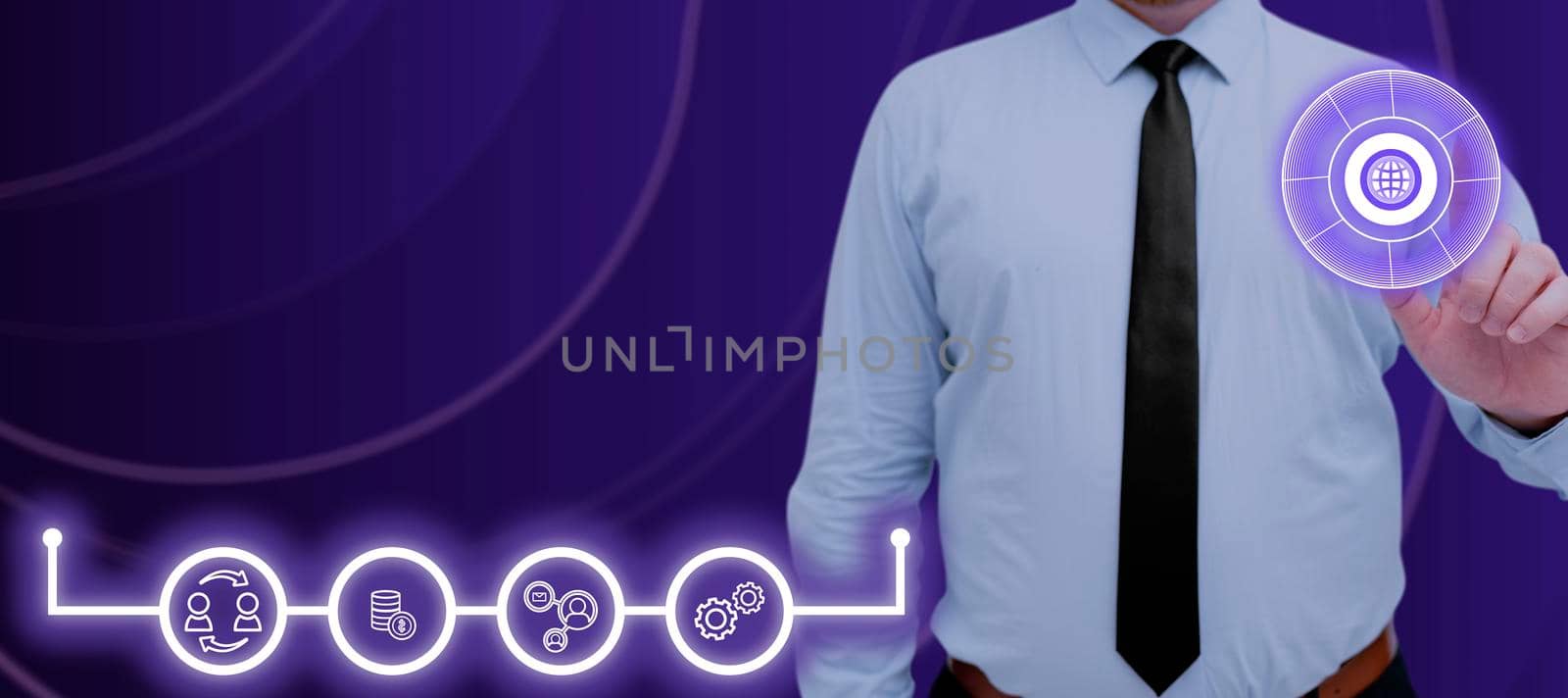 Businessman Pointing On Glowing Symbols And Making A Presentation In A Meeting. Man With A Tie Pressing On S Showing Digital Connectivity And Receiving Crucial Data. by nialowwa