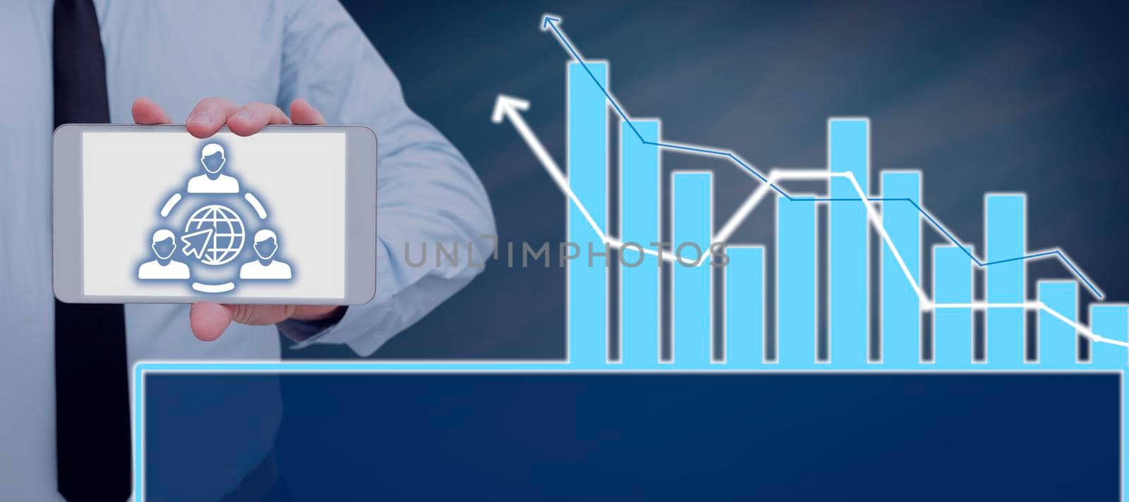 Man With A Pad Displaying An Online Community Symbol And Presenting Charts.