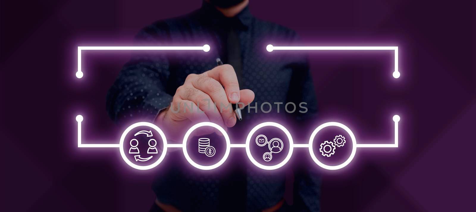 Businessman in suit holding open palm symbolizing successful teamwork.