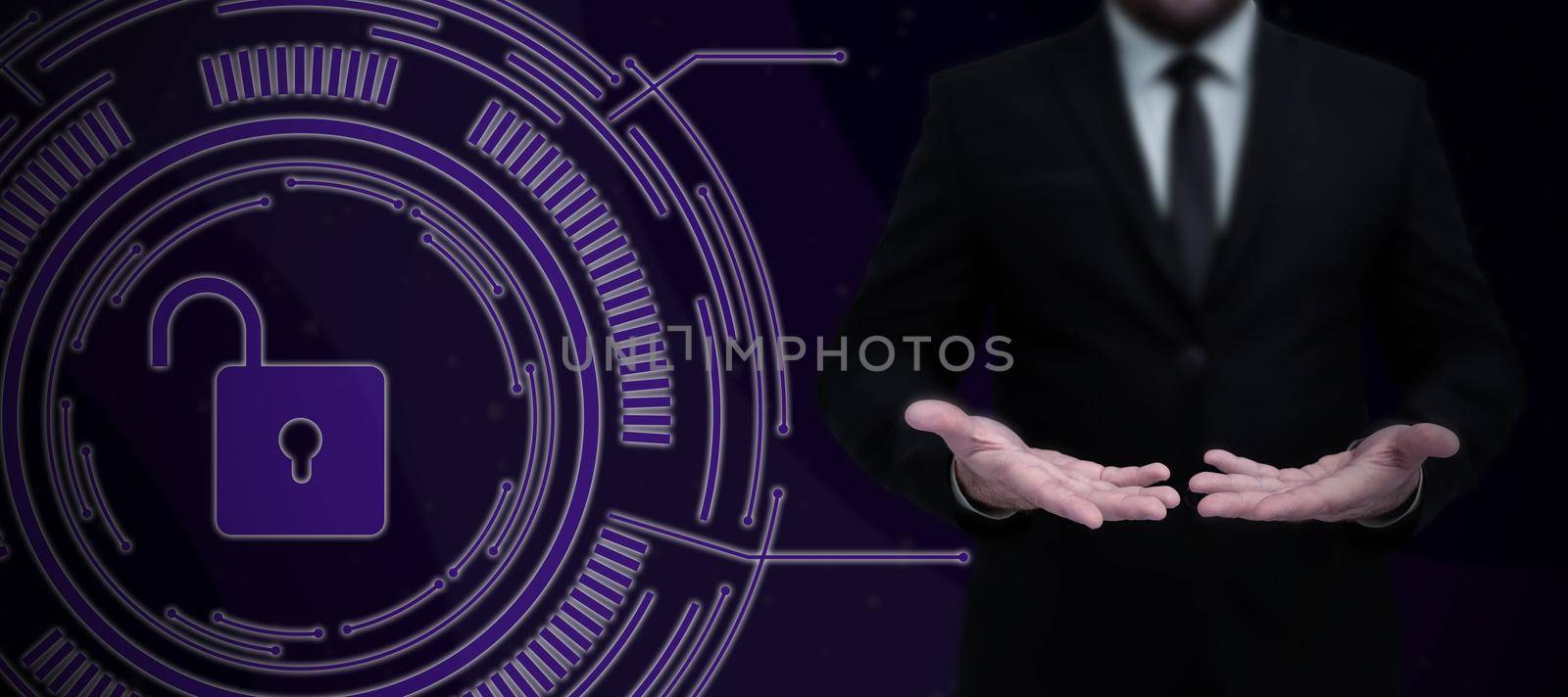 Businessman in suit holding open palm symbolizing successful teamwork.