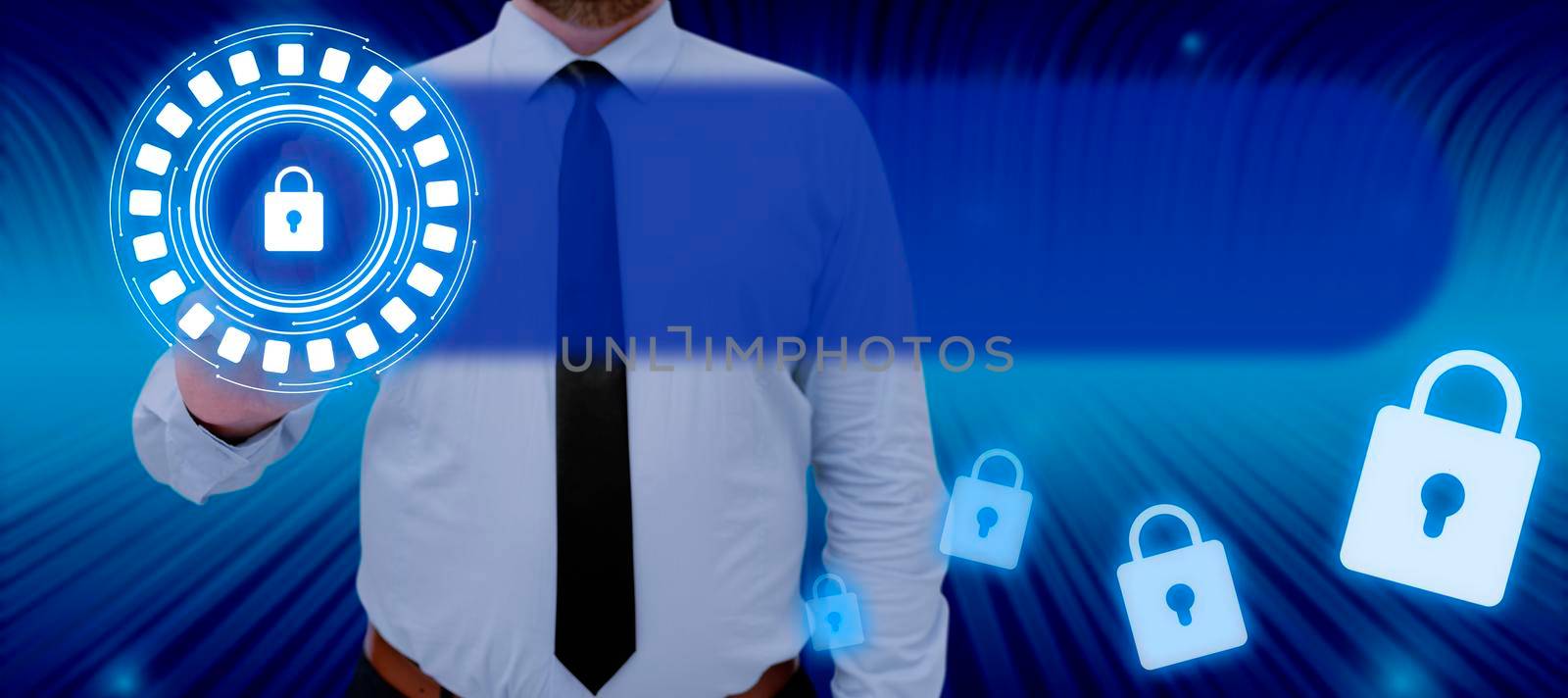 Businessman Pointing Hand And Showing Lock Sign For Data Privacy And Messages In An Abstract Design. Man With A Necktie Displaying The Lock To Secure Crucial Information. by nialowwa