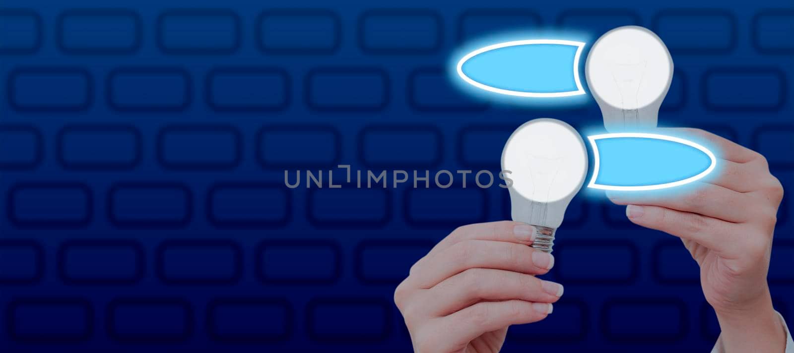 Businesswoman Holding Illuminated Light Bulbs Presenting Data Transfer.