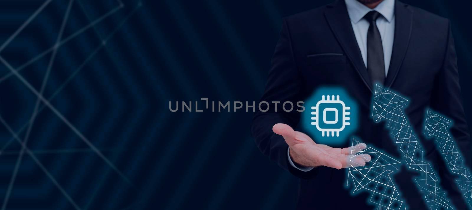 Businessman With A Hand Presenting Arrows Going Up And A Microchip Digital With A Futuristic Design. Man In Suit Showing Symbols And Crucial Information. by nialowwa
