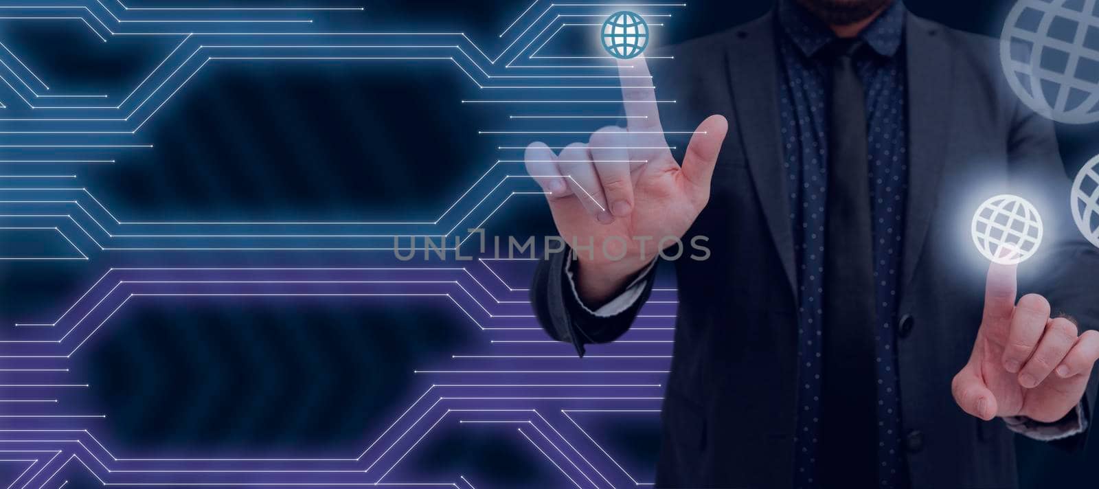 Businessman Pointing With Two Fingers On S And Presenting Crutial Messages. Standing Man In Suit Showing Important Informations. Executive Displaying New Data. by nialowwa